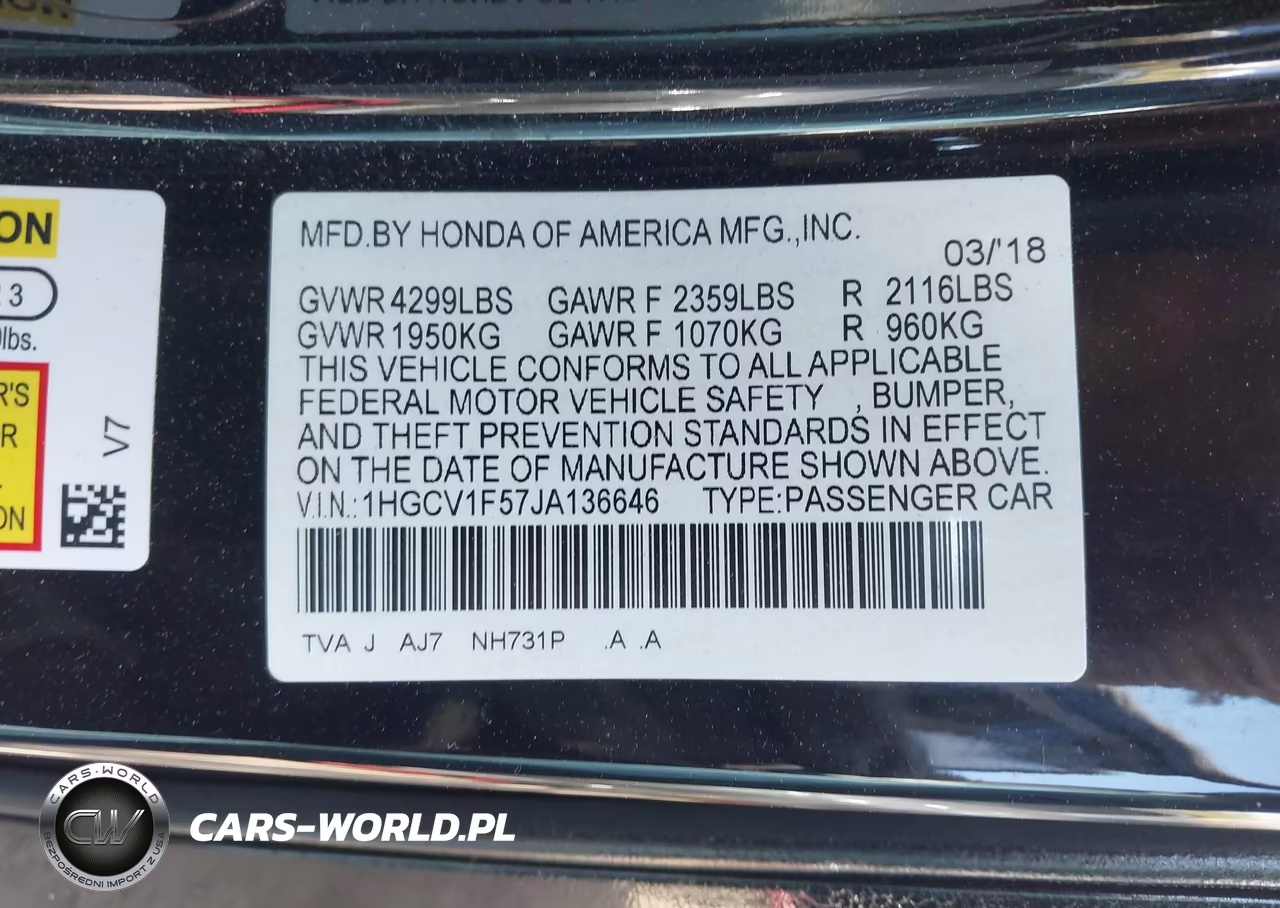 2018 Honda Accord Ex-L VIN:1HGCV1F57JA136646 - 9