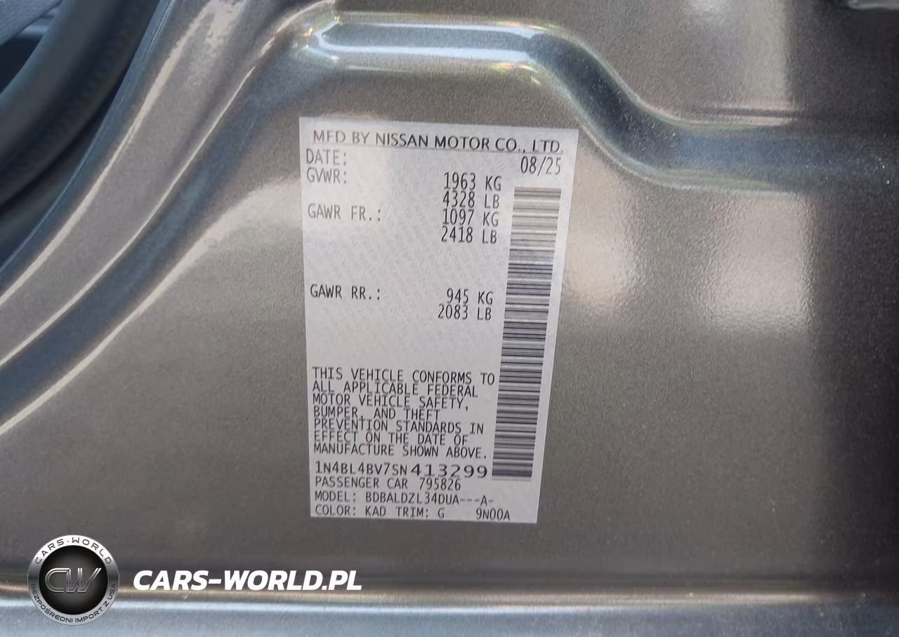 2025 Nissan Altima S Fwd VIN:1N4BL4BV7SN413299 - 9
