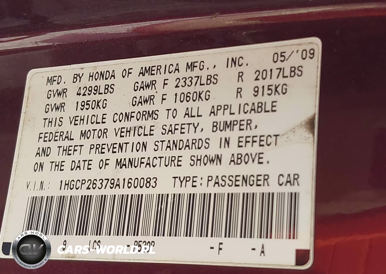 2009 Honda Accord 2.4 Lx VIN:1HGCP26379A160083 - 9