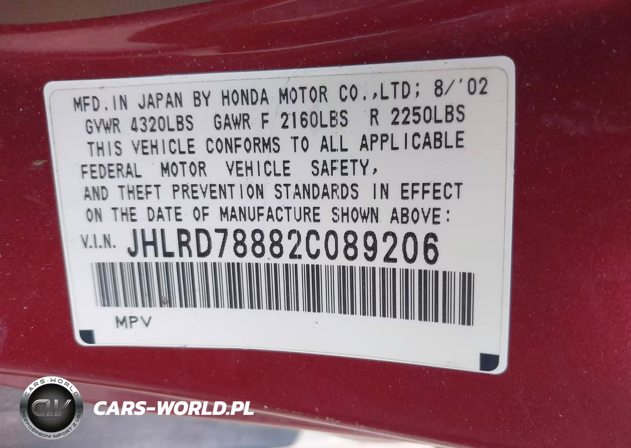 2002 Honda Cr-V Ex VIN:JHLRD78882C089206 - 9