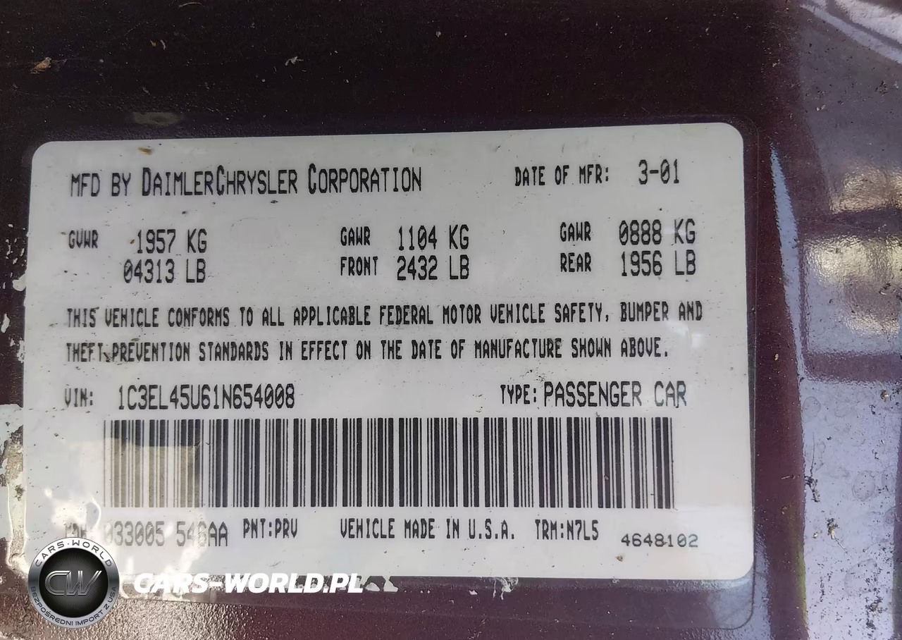2001 Chrysler Sebring Lx VIN:1C3EL45U61N654008 - 9