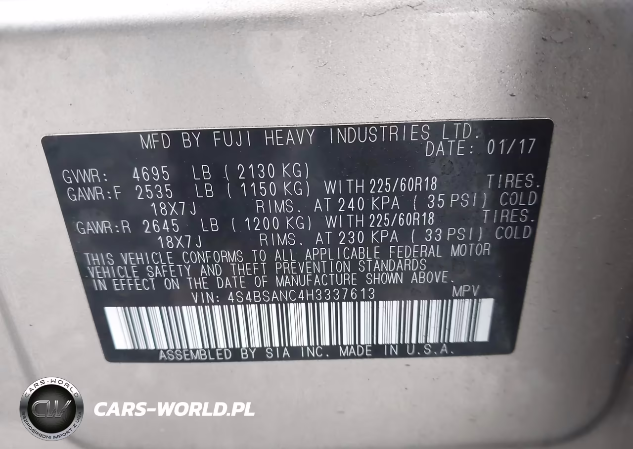 2017 Subaru Outback 2.5I Limited VIN:4S4BSANC4H3337613 - 9