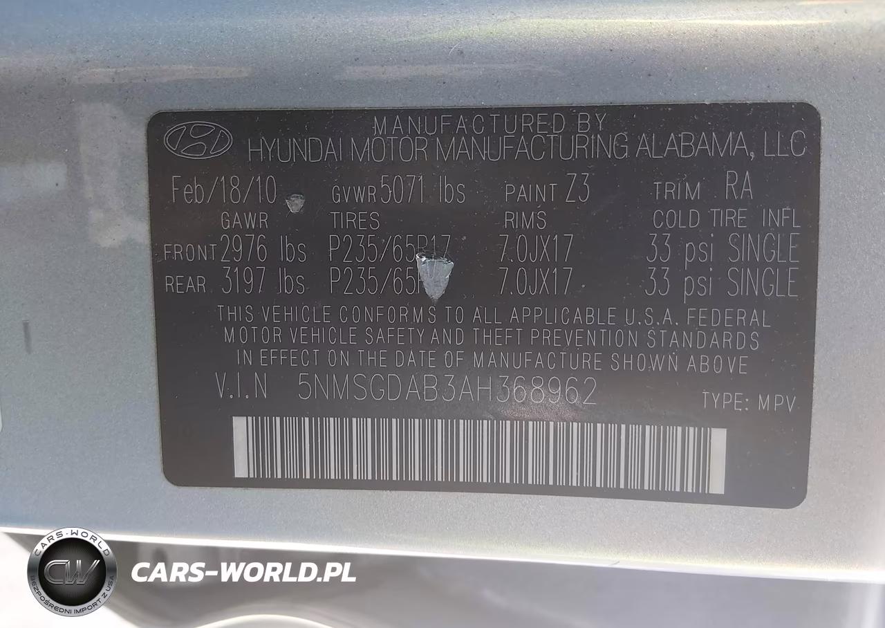 2010 Hyundai Santa Fe Gls VIN:5NMSGDAB3AH368962 - 9