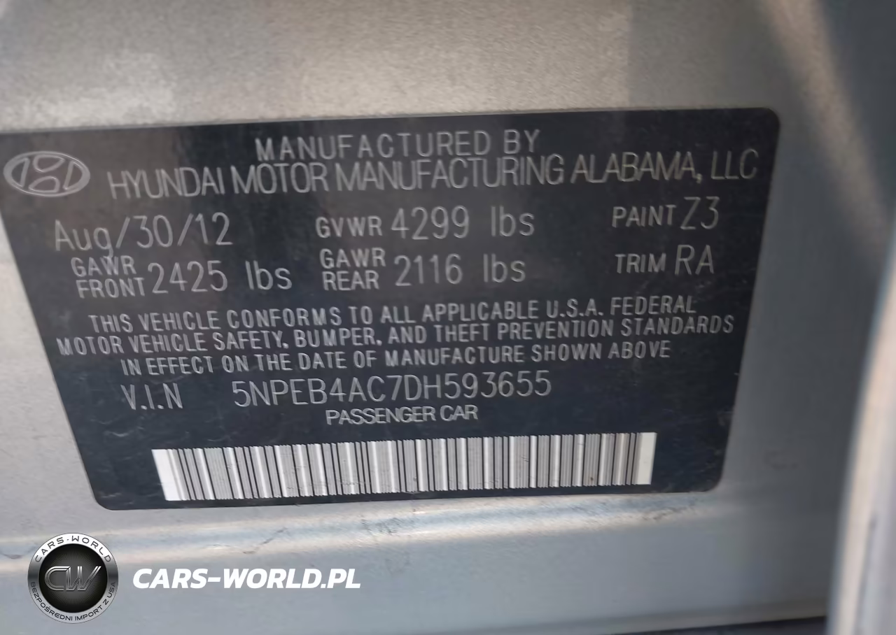 2013 Hyundai Sonata Gls VIN:5NPEB4AC7DH593655 - 9