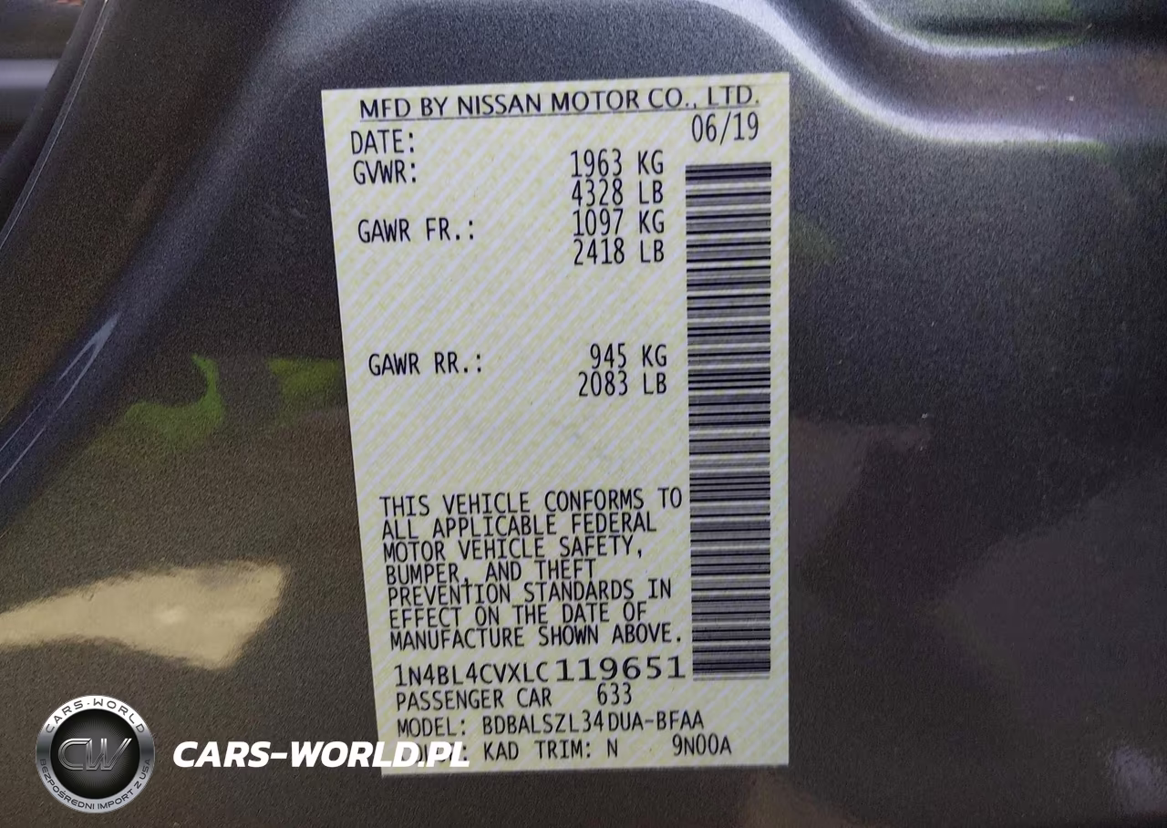 2020 Nissan Altima Sr Fwd VIN:1N4BL4CVXLC119651 - 9