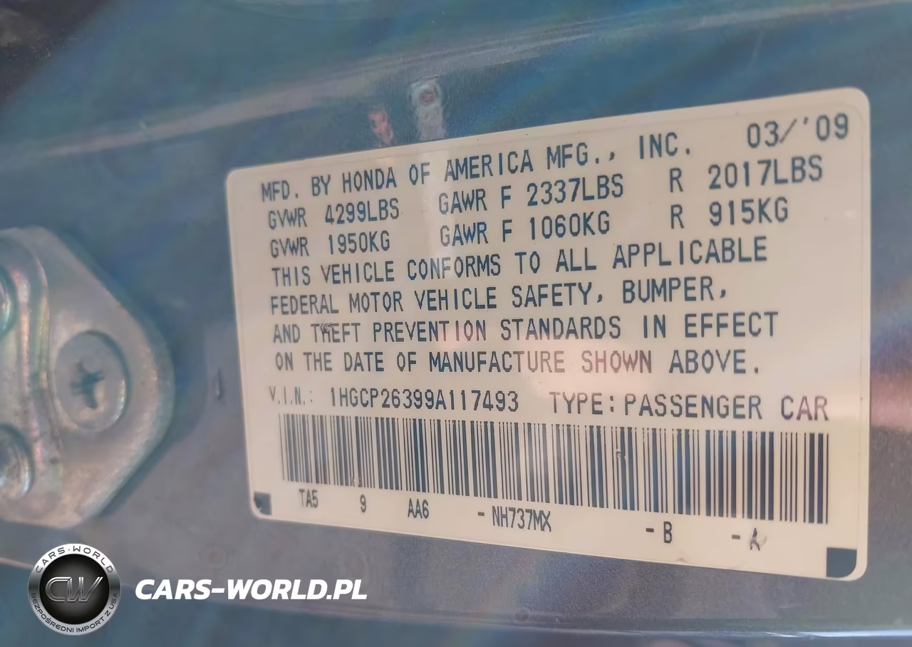 2009 Honda Accord 2.4 Lx VIN:1HGCP26399A117493 - 9
