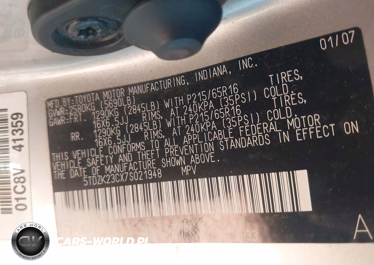 2007 Toyota Sienna Le VIN:5TDZK23CX7S021948 - 9