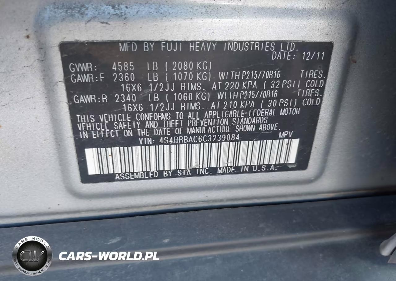 2012 Subaru Outback 2.5I VIN:4S4BRBAC6C3239084 - 9