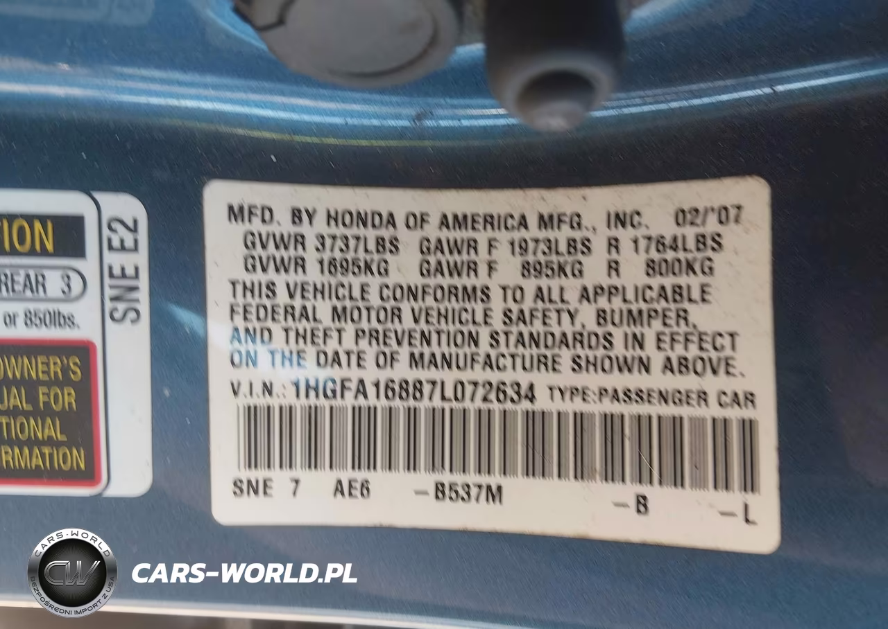 2007 Honda Civic Ex VIN:1HGFA16887L072634 - 9