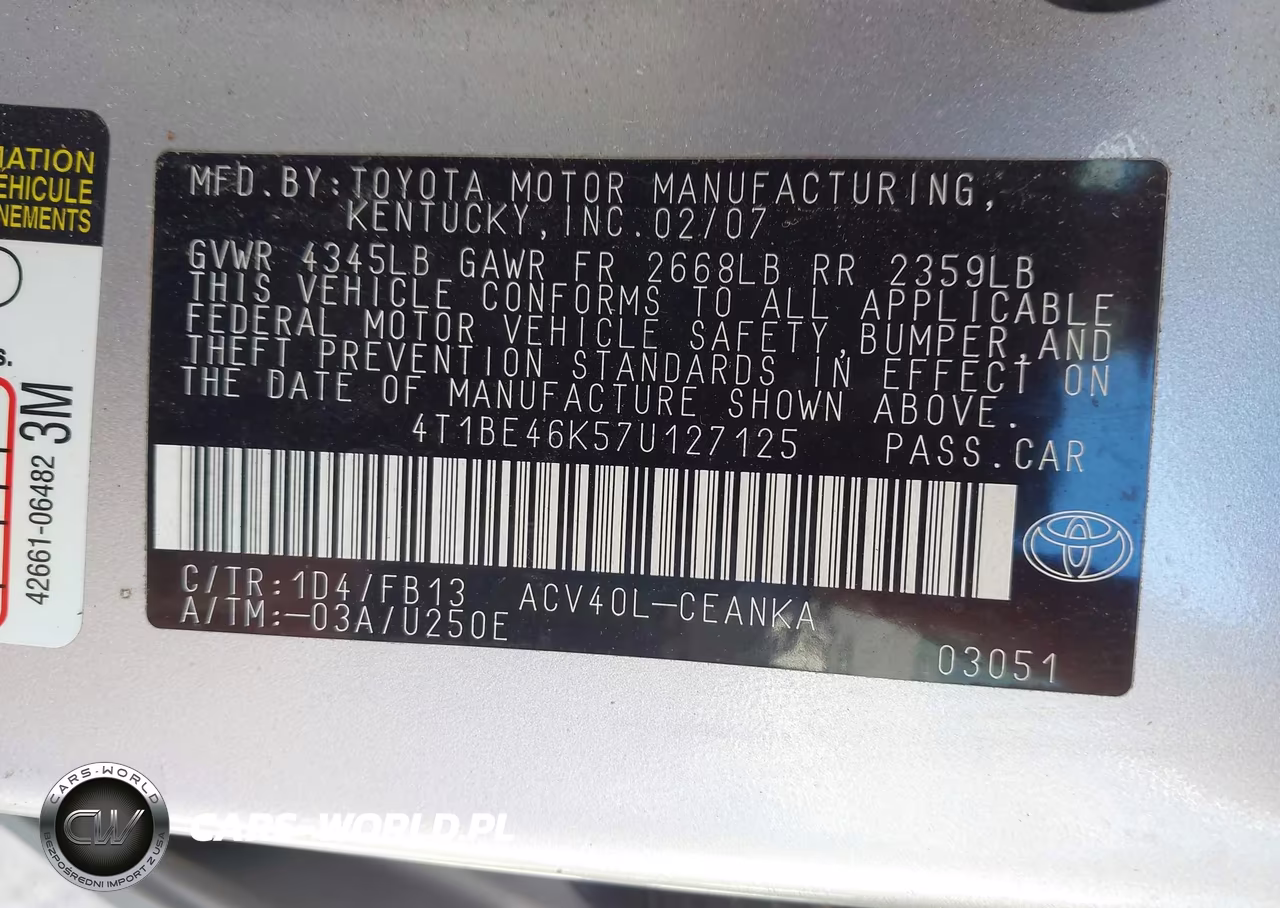 2007 Toyota Camry Le VIN:4T1BE46K57U127125 - 9