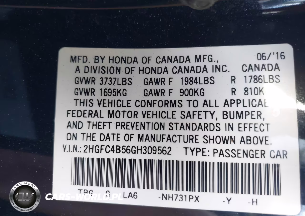 2016 Honda Civic Lx VIN:2HGFC4B56GH309562 - 9