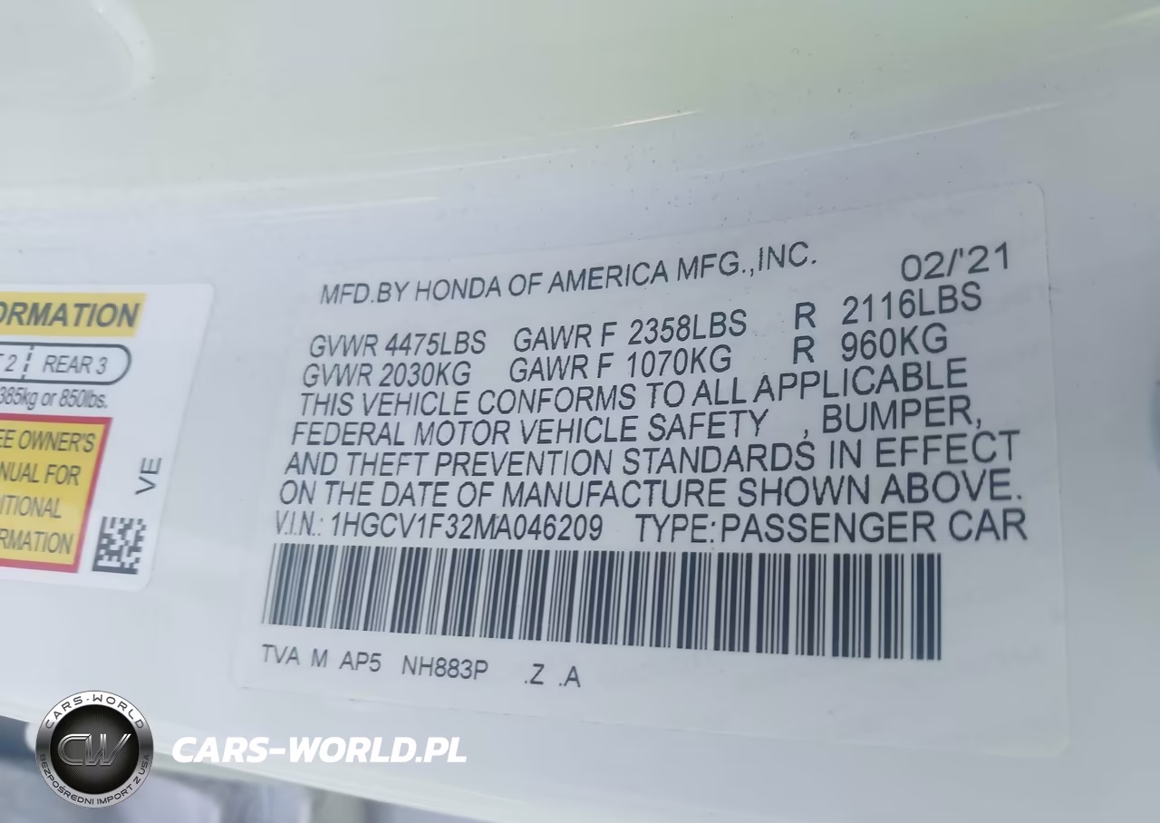 2021 Honda Accord Sport VIN:1HGCV1F32MA046209 - 9