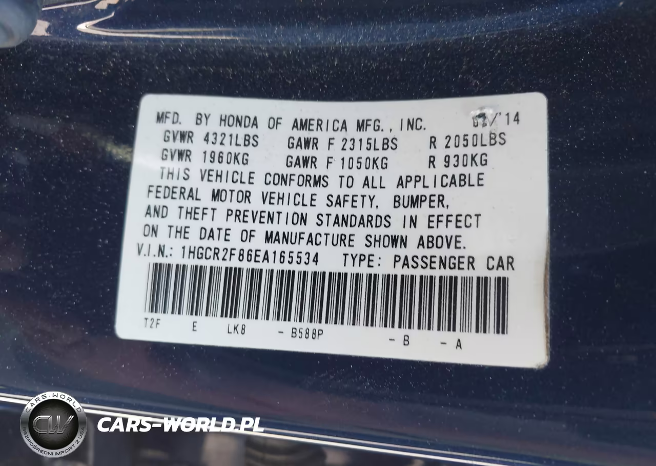 2014 Honda Accord Ex-L VIN:1HGCR2F86EA165534 - 9