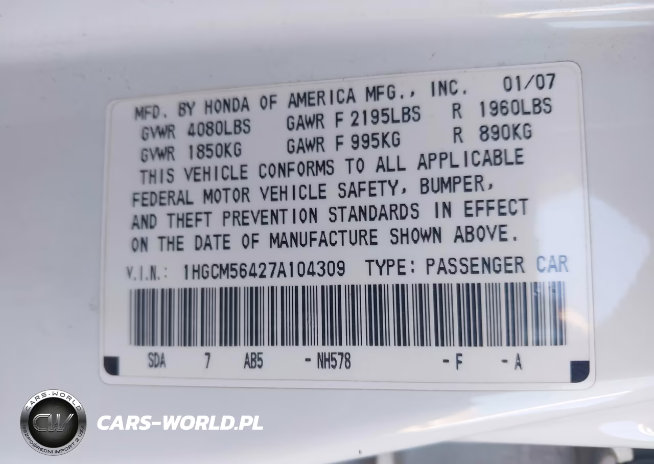 2007 Honda Accord 2.4 Lx VIN:1HGCM56427A104309 - 9