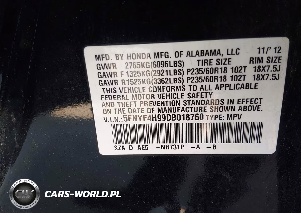 2013 Honda Pilot Touring VIN:5FNYF4H99DB018760 - 9