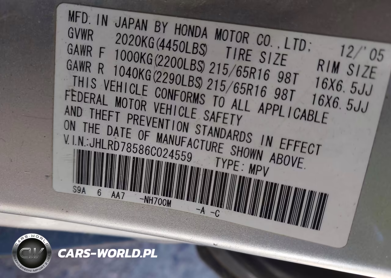 2006 Honda Cr-V Lx VIN:JHLRD78586C024559 - 9