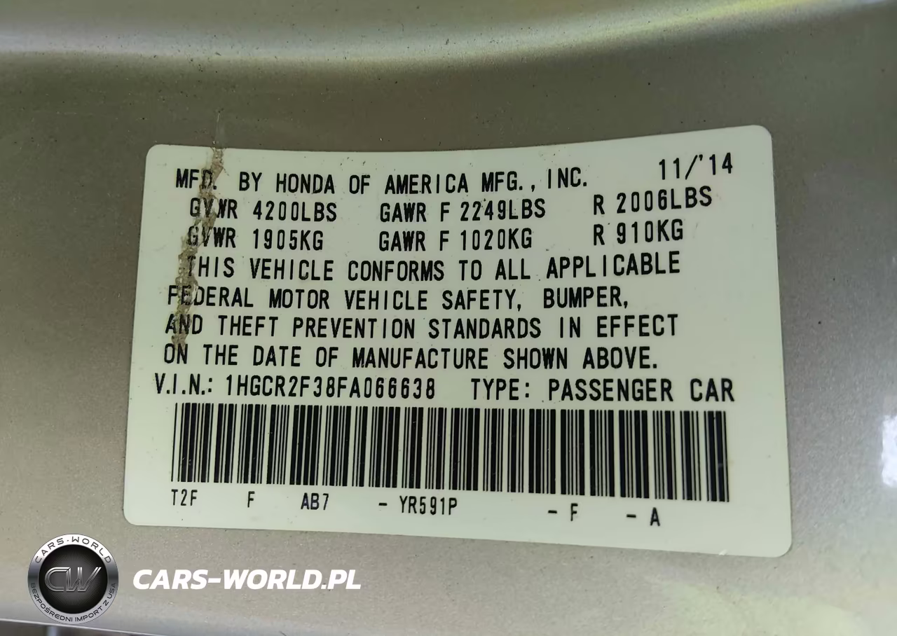 2015 Honda Accord Lx VIN:1HGCR2F38FA066638 - 9