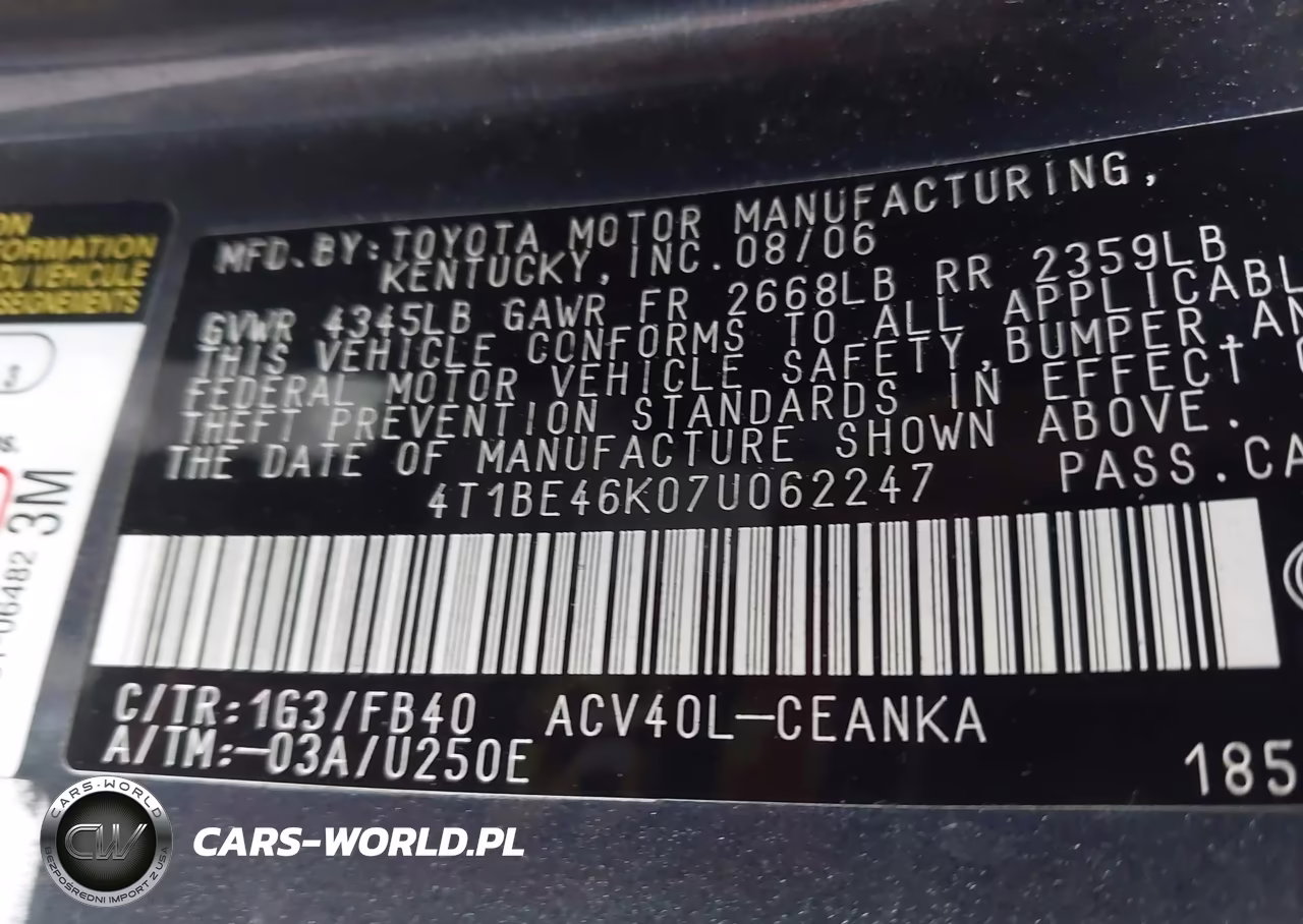 2007 Toyota Camry Le VIN:4T1BE46K07U062247 - 9