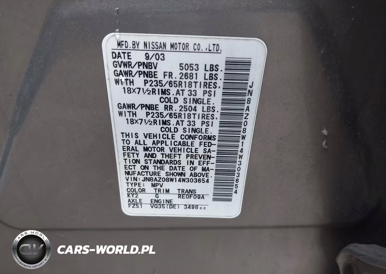 2004 Nissan Murano Sl VIN:JN8AZ08W14W303654 - 9