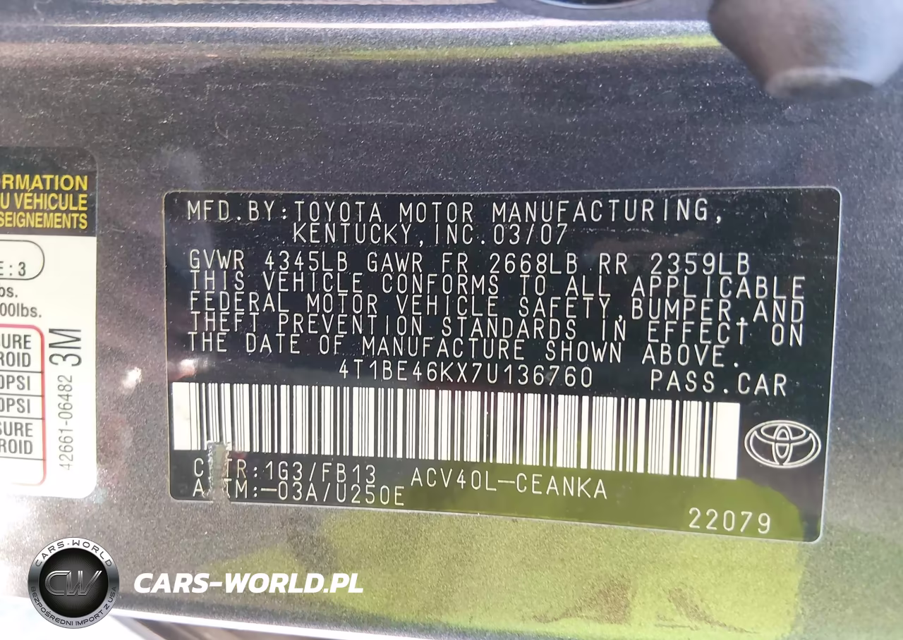 2007 Toyota Camry Le VIN:4T1BE46KX7U136760 - 9