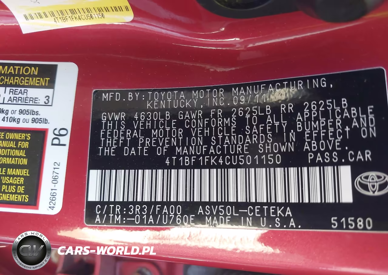 2012 Toyota Camry L VIN:4T1BF1FK4CU501150 - 9