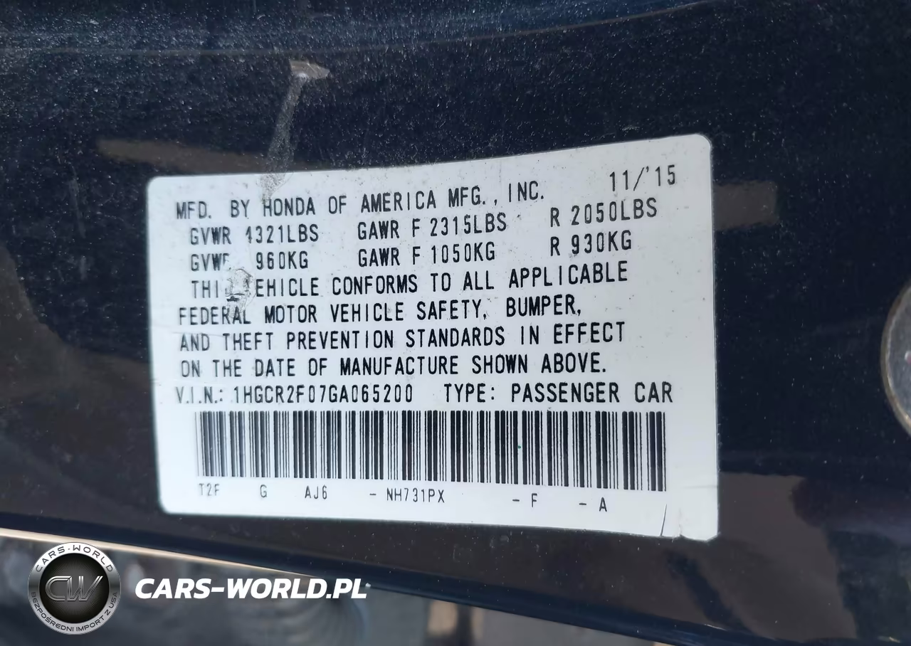 2016 Honda Accord Ex VIN:1HGCR2F07GA065200 - 9