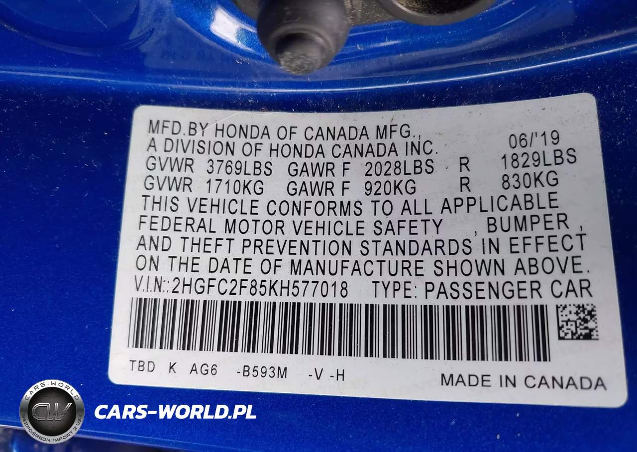 2019 Honda Civic Sport VIN:2HGFC2F85KH577018 - 9