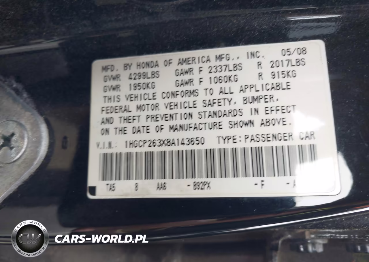 2008 Honda Accord 2.4 Lx VIN:1HGCP263X8A143650 - 9
