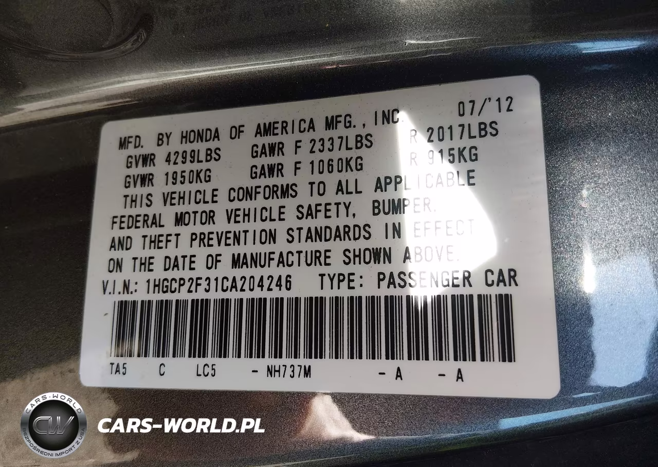 2012 Honda Accord 2.4 Lx VIN:1HGCP2F31CA204246 - 9