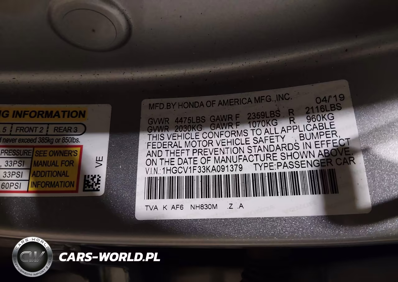 2019 Honda Accord Sport VIN:1HGCV1F33KA091379 - 9