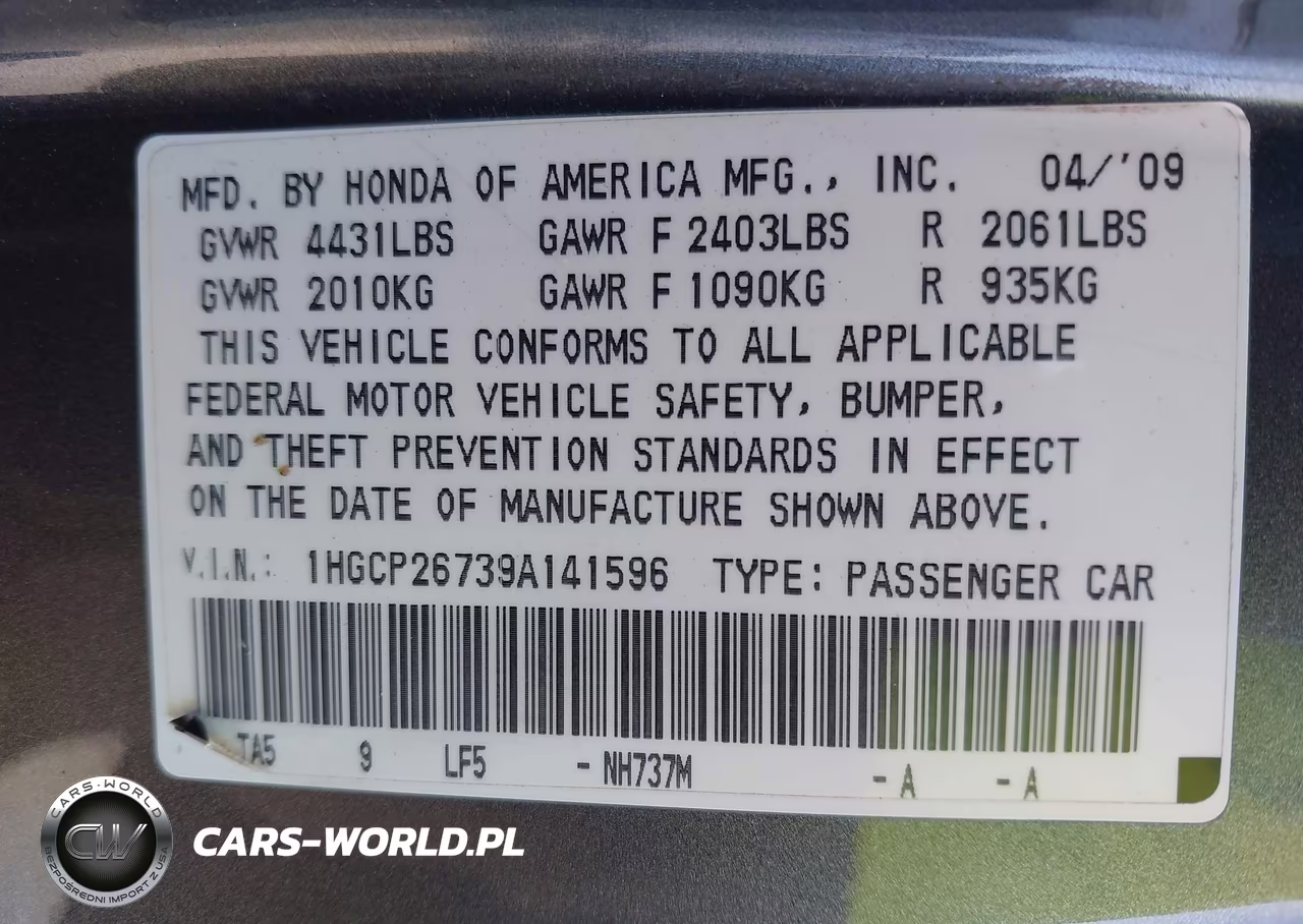 2009 Honda Accord 2.4 Ex VIN:1HGCP26739A141596 - 9