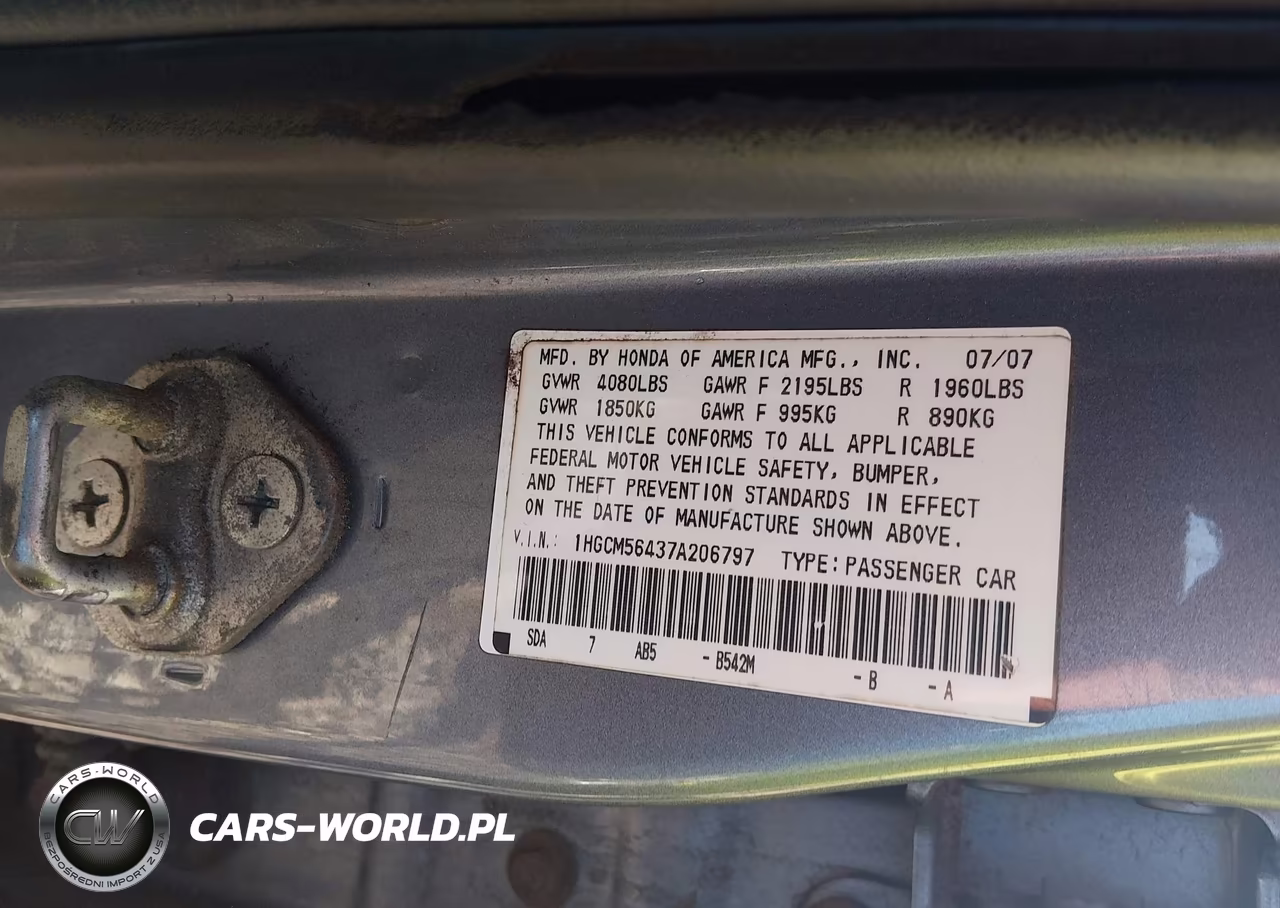 2007 Honda Accord 2.4 Lx VIN:1HGCM56437A206797 - 9