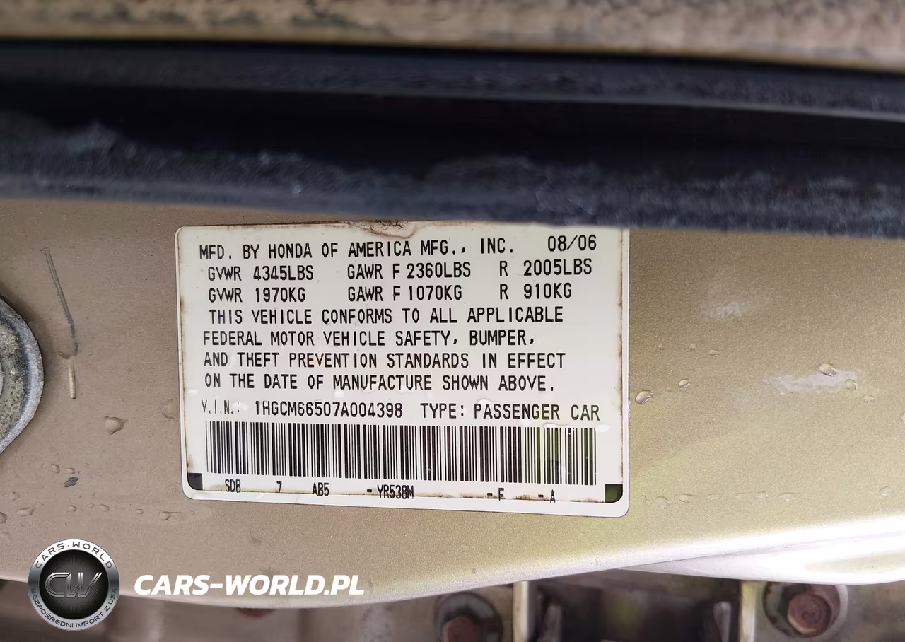 2007 Honda Accord 3.0 Ex VIN:1HGCM66507A004398 - 9