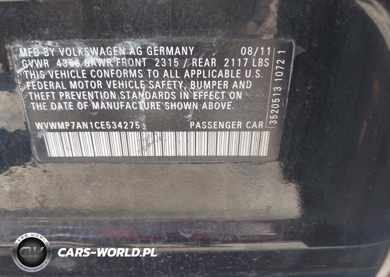 2012 Volkswagen Cc Sport VIN:WVWMP7AN1CE534275 - 9