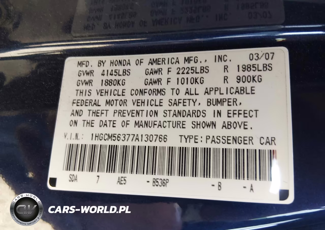 2007 Honda Accord 2.4 Se VIN:1HGCM56377A130766 - 9