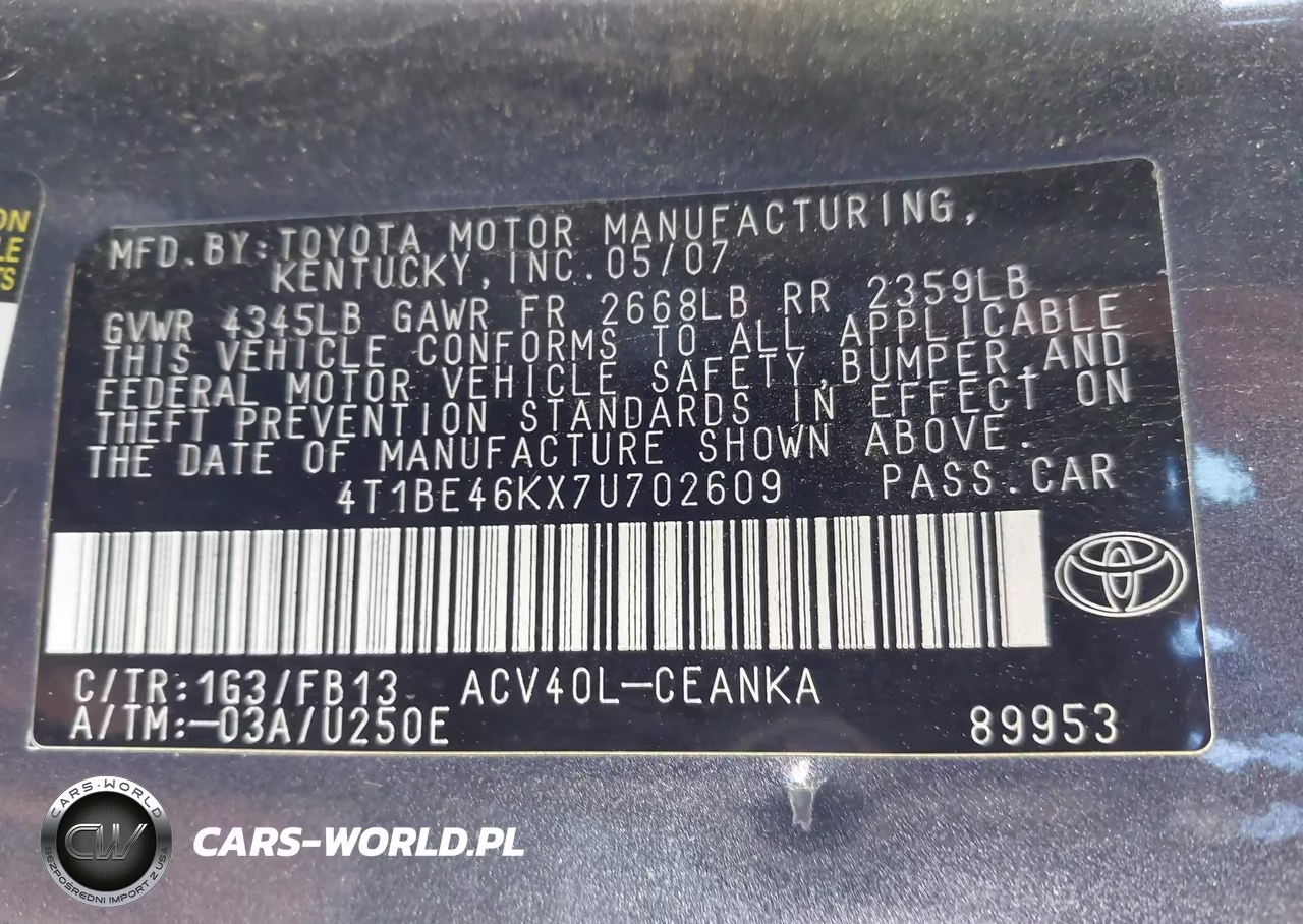 2007 Toyota Camry Le VIN:4T1BE46KX7U702609 - 9