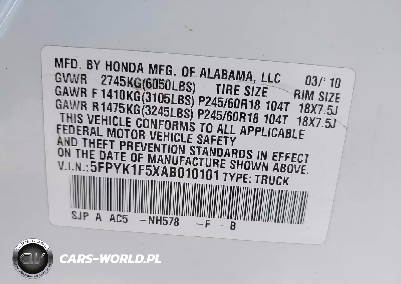 2010 Honda Ridgeline Rtl VIN:5FPYK1F5XAB010101 - 9