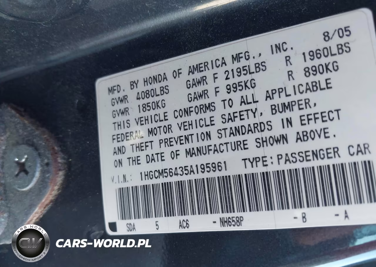 2005 Honda Accord 2.4 Lx VIN:1HGCM56435A195961 - 9