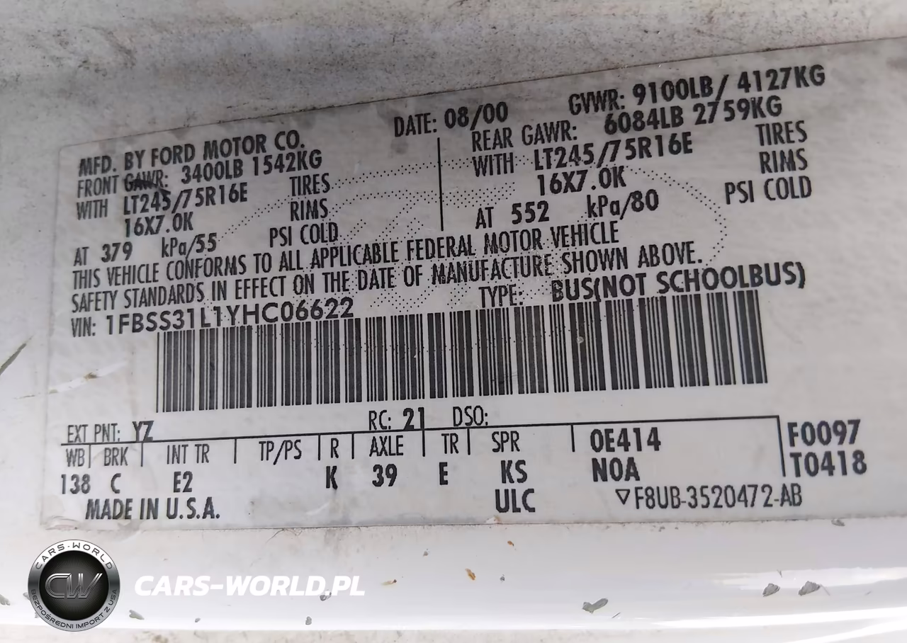 2000 Ford E-350 Super Duty Xl-Xlt VIN:1FBSS31L1YHC06622 - 9