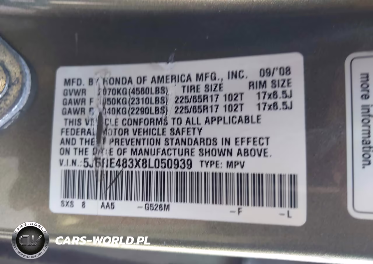 2008 Honda Cr-V Lx VIN:5J6RE483X8L050939 - 9