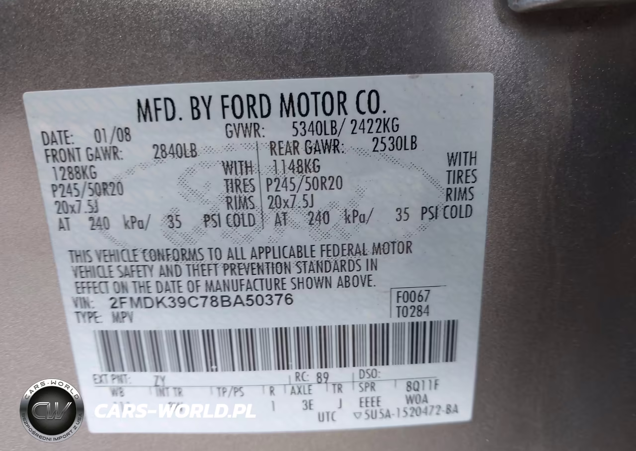 2008 Ford Edge Limited VIN:2FMDK39C78BA50376 - 9