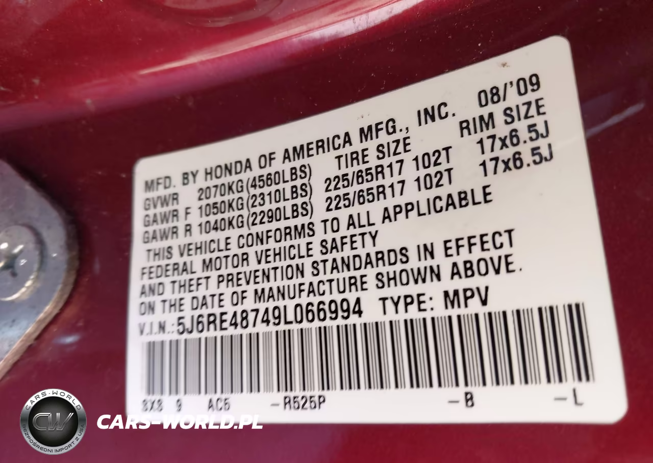 2009 Honda Cr-V Ex-L VIN:5J6RE48749L066994 - 9