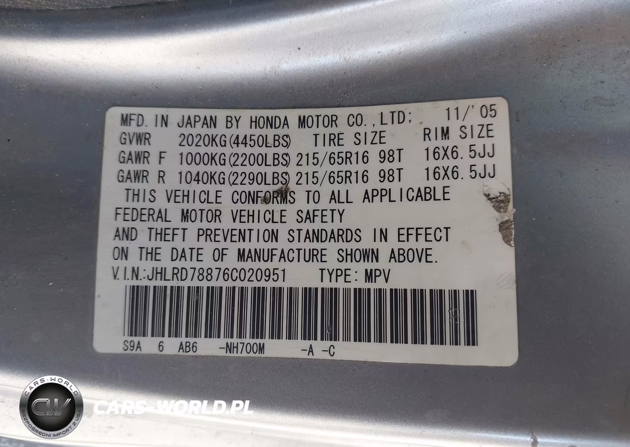 2006 Honda Cr-V Ex VIN:JHLRD78876C020951 - 9
