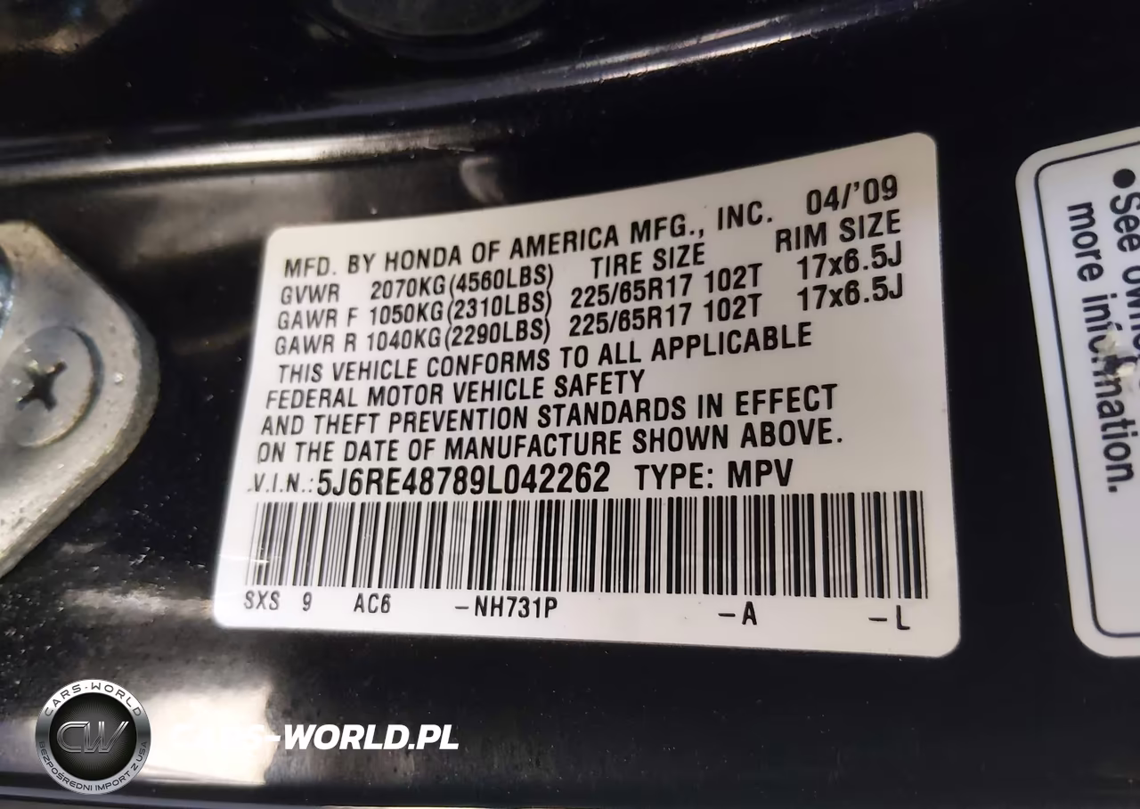 2009 Honda Cr-V Ex-L VIN:5J6RE48789L042262 - 9