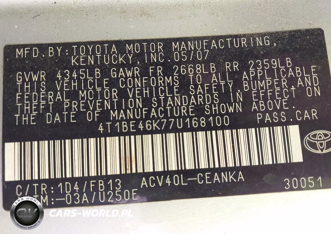 2007 Toyota Camry Le VIN:4T1BE46K77U168100 - 9