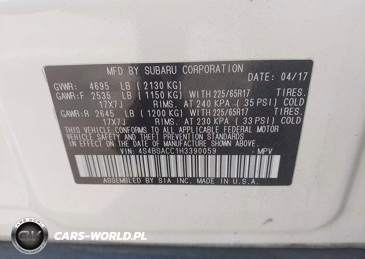 2017 Subaru Outback 2.5I Premium VIN:4S4BSACC1H3390059 - 9