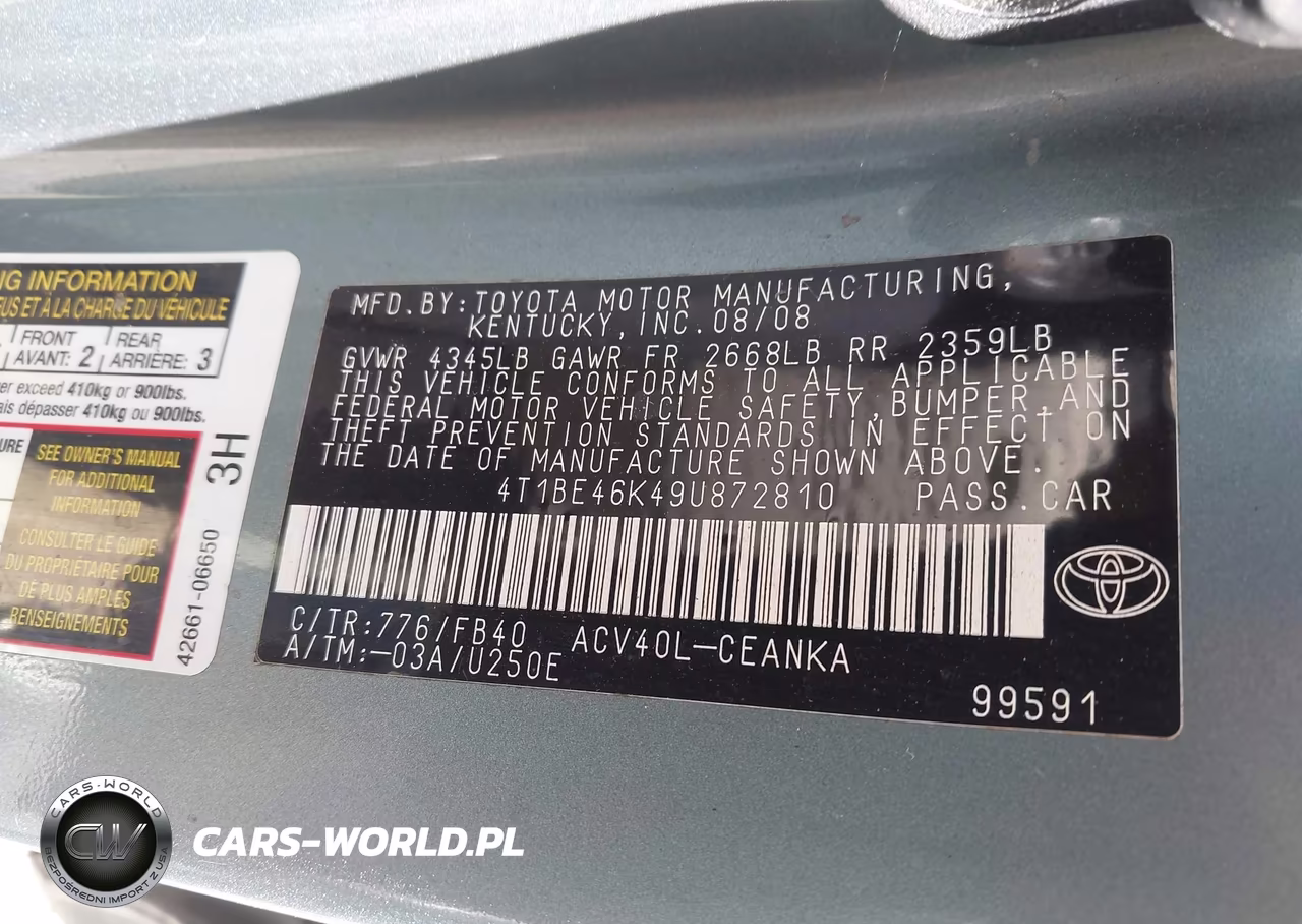 2009 Toyota Camry Le VIN:4T1BE46K49U872810 - 9