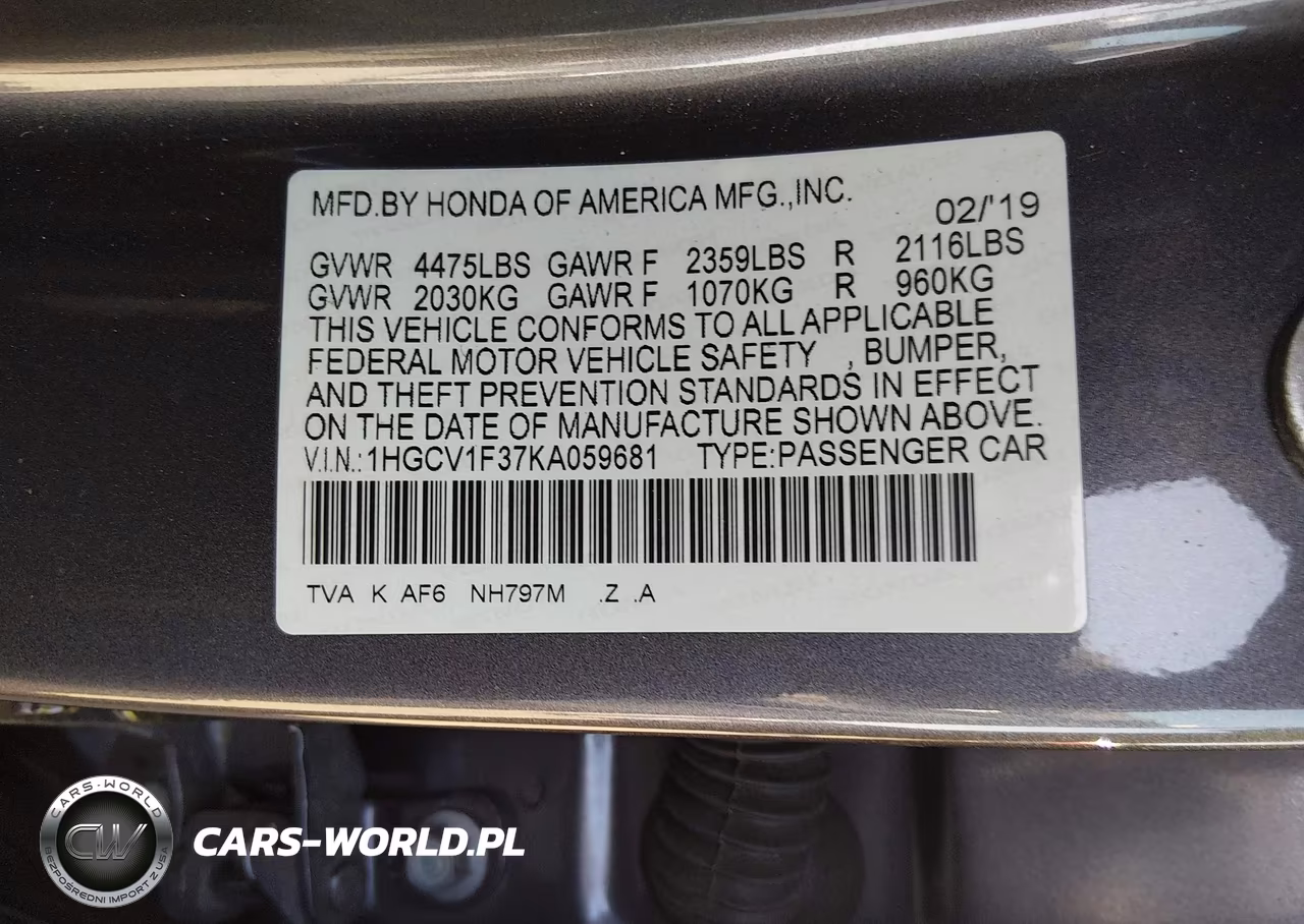 2019 Honda Accord Sport VIN:1HGCV1F37KA059681 - 9