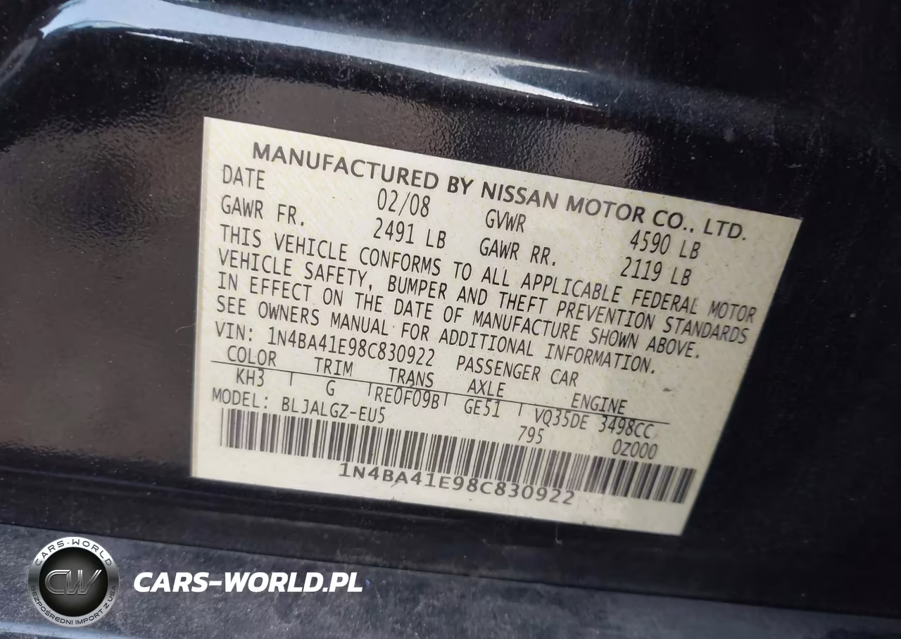 2008 Nissan Maxima VIN:1N4BA41E98C830922 - 9