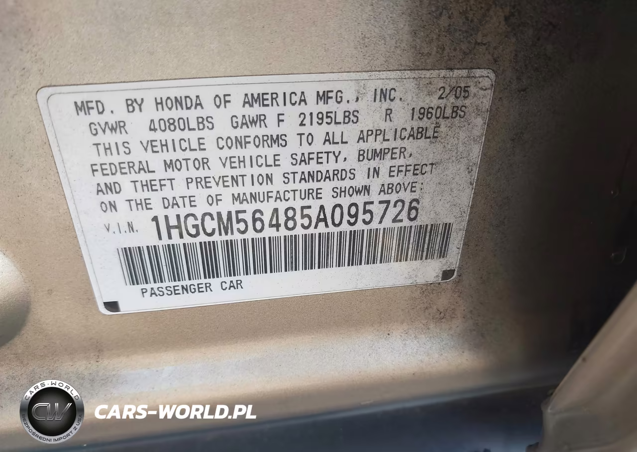 2005 Honda Accord 2.4 Lx VIN:1HGCM56485A095726 - 9